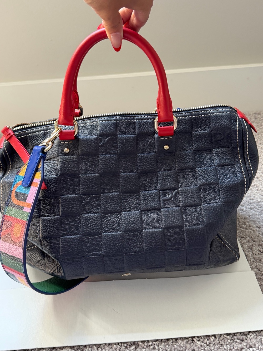 Blue Leather Top-Handle Satchel with Red Handles